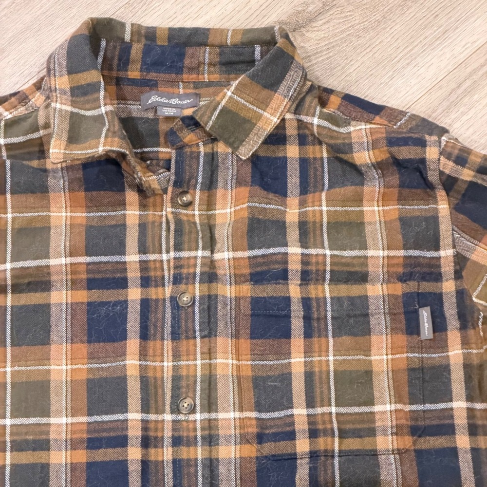 Eddie Bauer Mens M Plaid Flannel Shirt Brown Cotton Hiking Lumberjack Outdoor